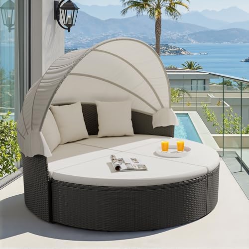 Outdoor Daybed Furniture - パティオ家具 屋外用ラウンドデイベッド 格納式キャノピー付き ウィッカーラタン 分離型シーティングセクショナルソファ
