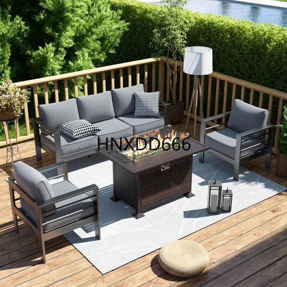 Outdoor Furniture With Fire Pit Table - ファイヤーピットテーブル付きパティオ家具セット、6点セットアルミ製屋外用セクショナルメタルモダンパティオソファセット