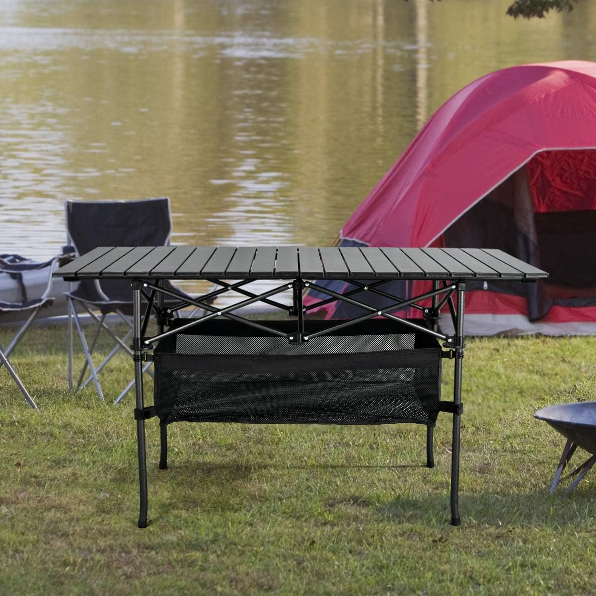 Outdoor Furniture Europe - 折りたたみ式ポータブルキャンプテーブル アルミ製 軽量 ロールアップテーブル 高さ調節可能 キャリーバッグ付き