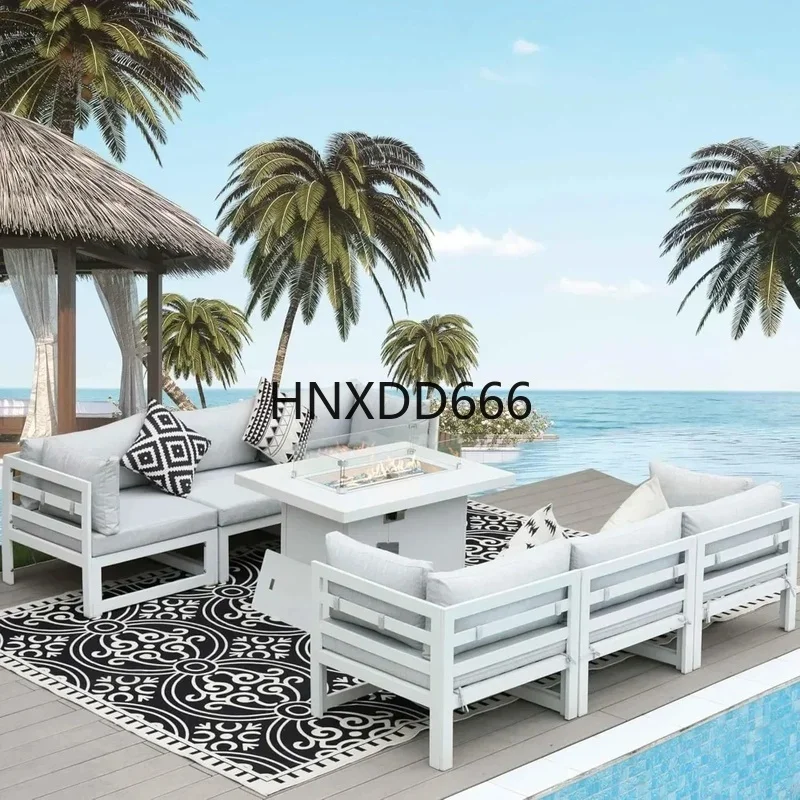 Outdoor Furniture With Fire Pit Table - 7点セット アルミ製屋外パティオ会話セット、43インチのプロパン・天然ガス対応コンバーチブルファイヤーピットテーブル付き