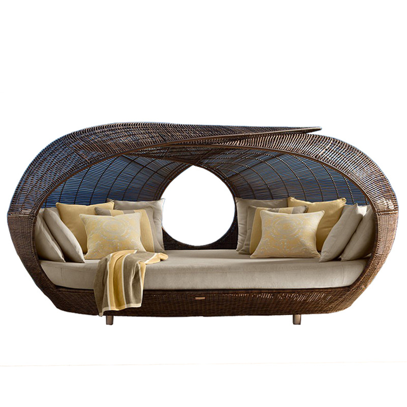 Outdoor Daybed Furniture - 屋外用高品質ラタン製ハーフラウンドデイベッド、柔らかいクッション付きウィッカーパティオ家具デイベッド/ガーデンサンベッド