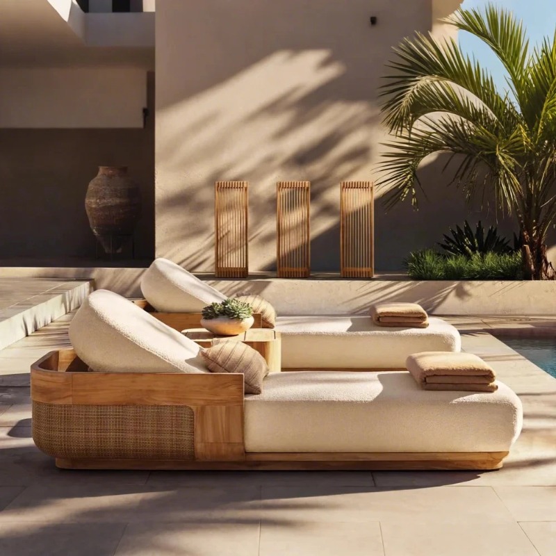 Outdoor Furniture Lounge Set - サンビーチラウンジチェア＆デイベッドセット、チーク材ラタン製ラウンジャー家具セット（プールサイド、パティオ、庭園、ビーチガーデン用）