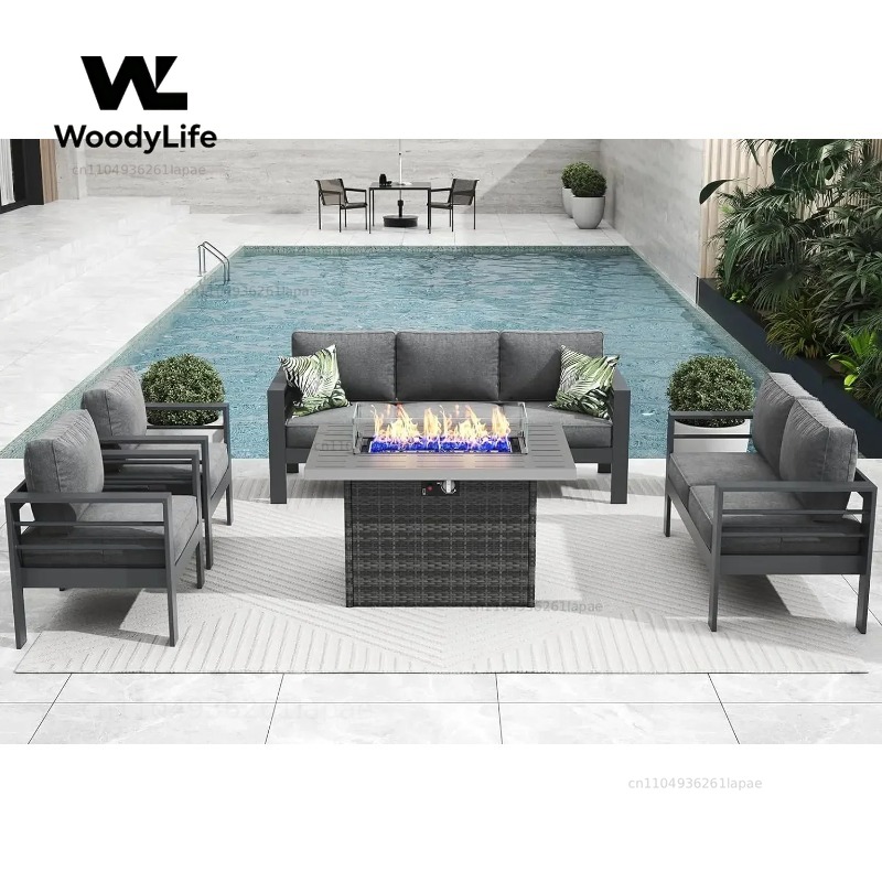 Outdoor Furniture With Fire Pit Table - L5ピース モダンアルミ製パティオ家具セット、ファイヤーピットテーブル付き、屋外会話用セット、メタルセクショナルソファ