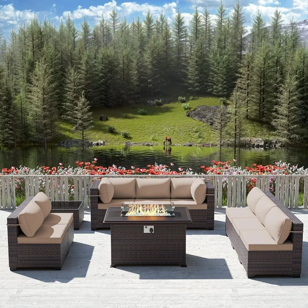 Outdoor Furniture With Fire Pit Table - -プロパンファイヤーピットテーブル付きパティオ家具セット、10ピース屋外家具パティオセクショナルソファ会話セット、コーヒーテーブル付き