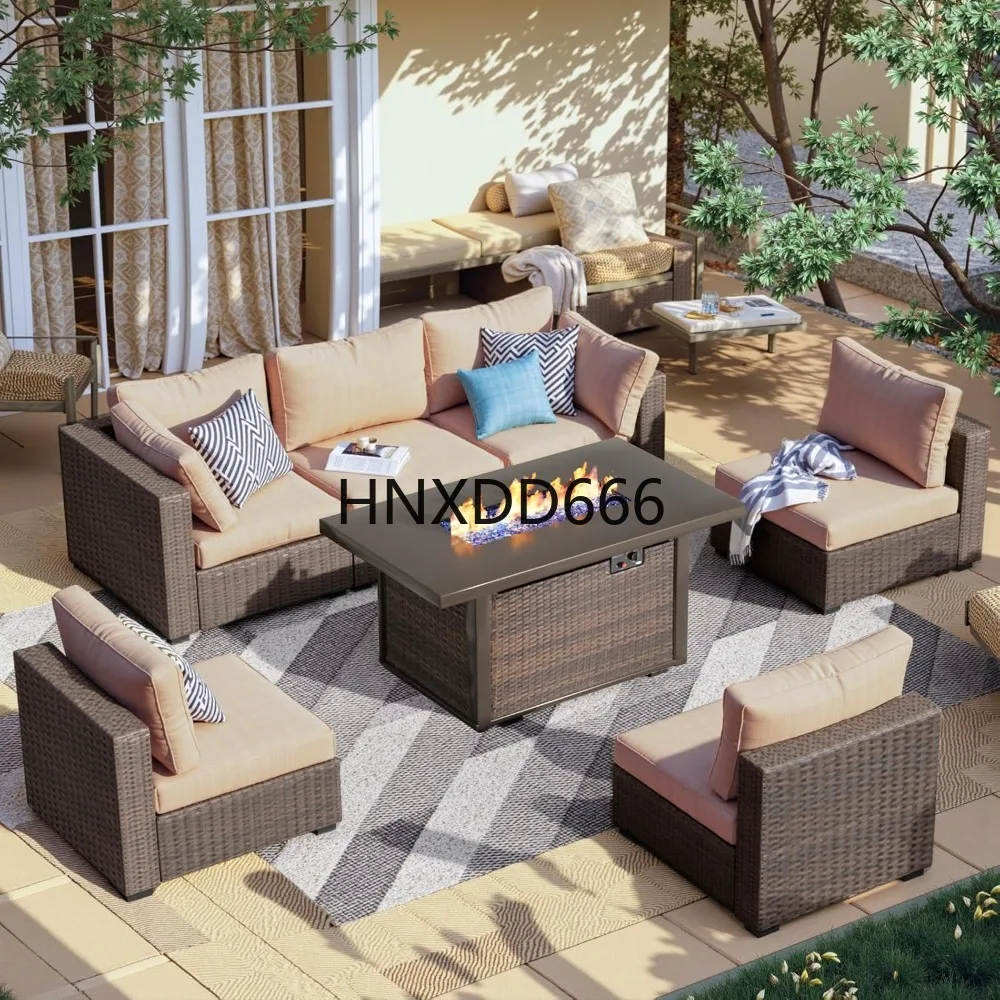 Outdoor Furniture With Fire Pit Table - 7点セットのパティオ家具セット、ファイヤーピットテーブル付き、屋外用セクショナル会話ソファセット、コーヒーテーブル付き