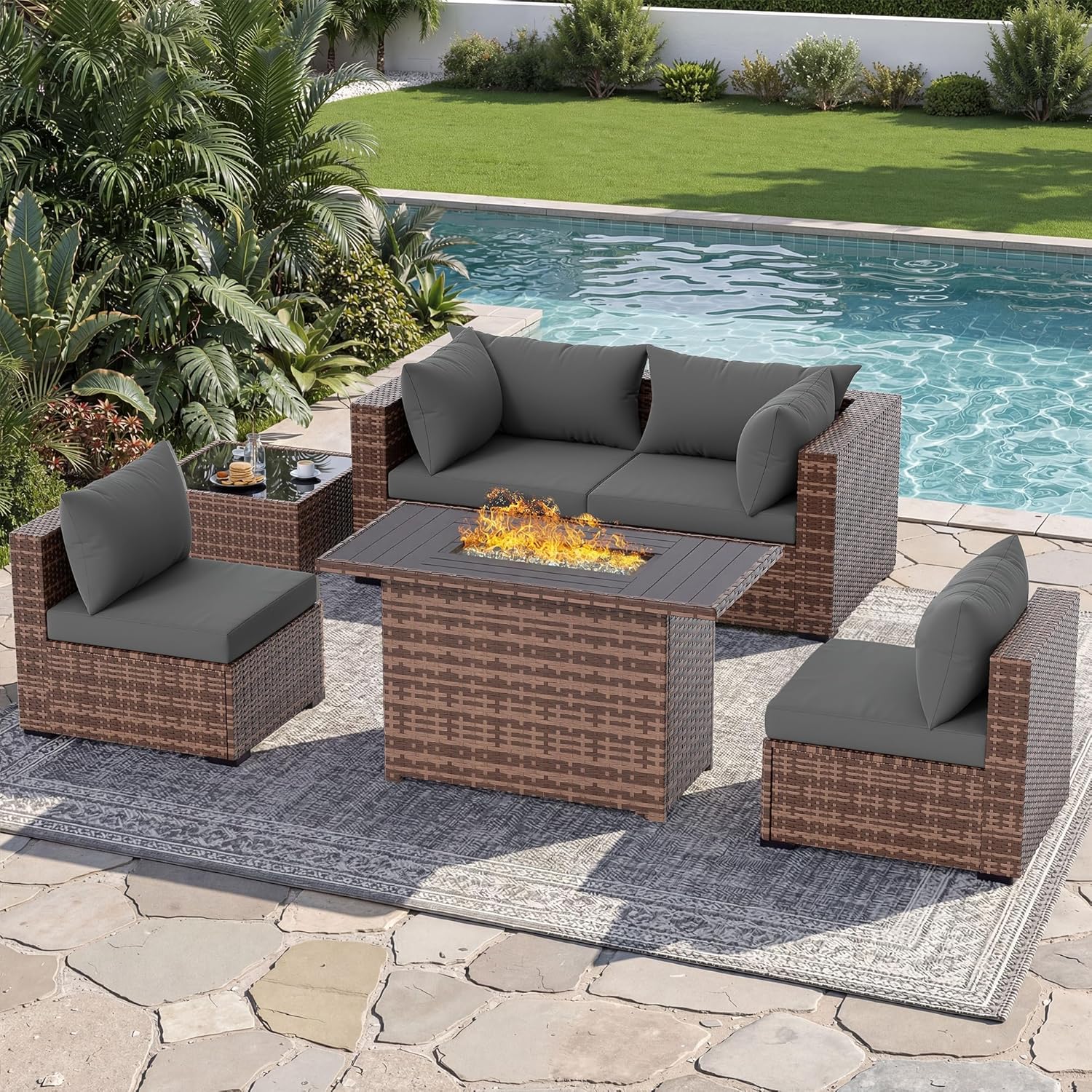 Outdoor Furniture With Fire Pit Table - 5ピース屋外用セクショナルソファセット、ファイヤーピットテーブル付き、全天候型ウィッカーパティオ会話用家具、庭、裏庭用、グレー