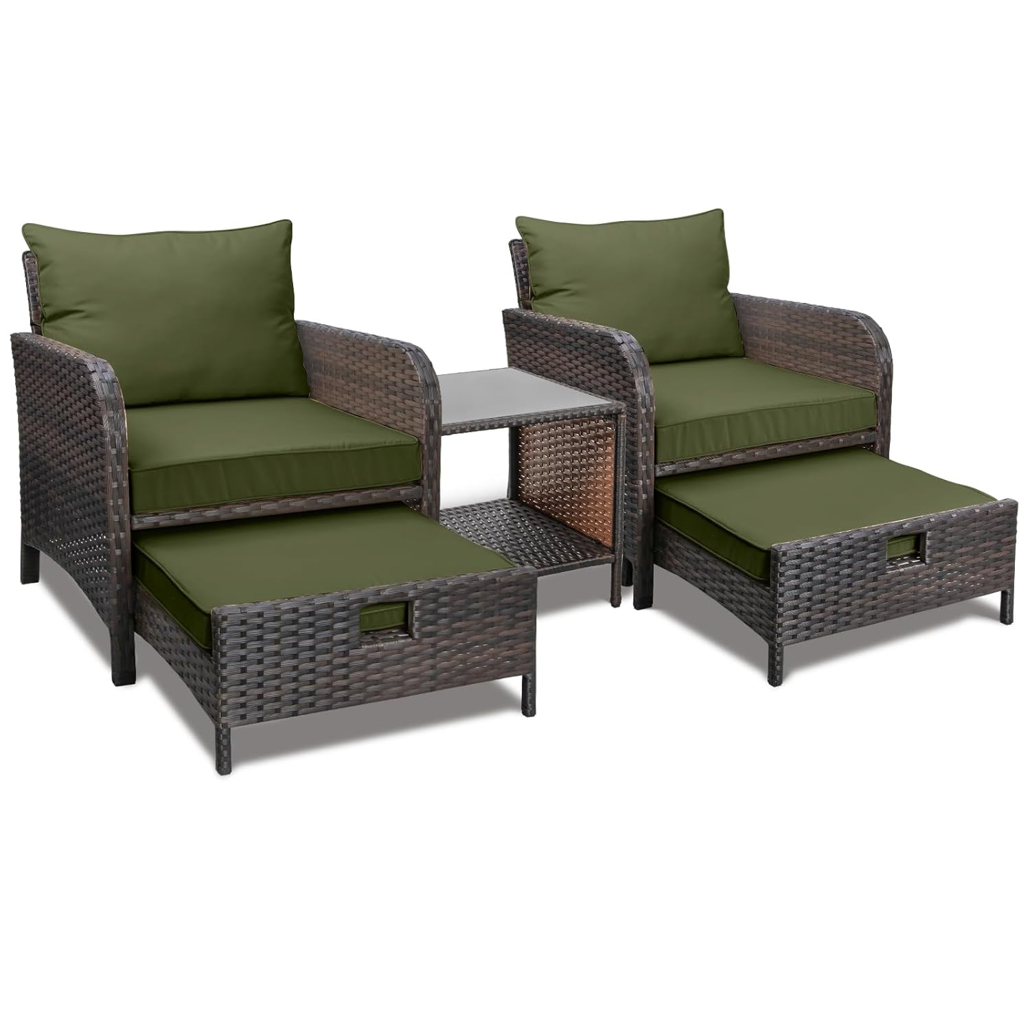 Outdoor Furniture Lounge Set - 5ピースPEラタンパティオセット屋外ラウンジチェアオットマンガラステーブルポーチ芝生クッションブラウンアーミーグリーン、カスタマイズ可能