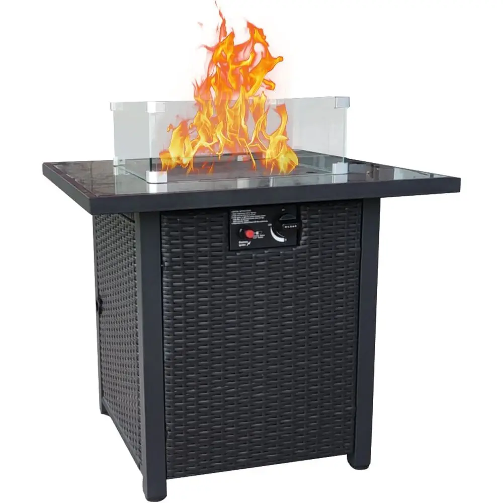Outdoor Furniture With Fire Pit Table - 籐製屋外パティオ家具セット、豪華なクッション付き籐製セクショナルソファとファイヤーピットテーブル
