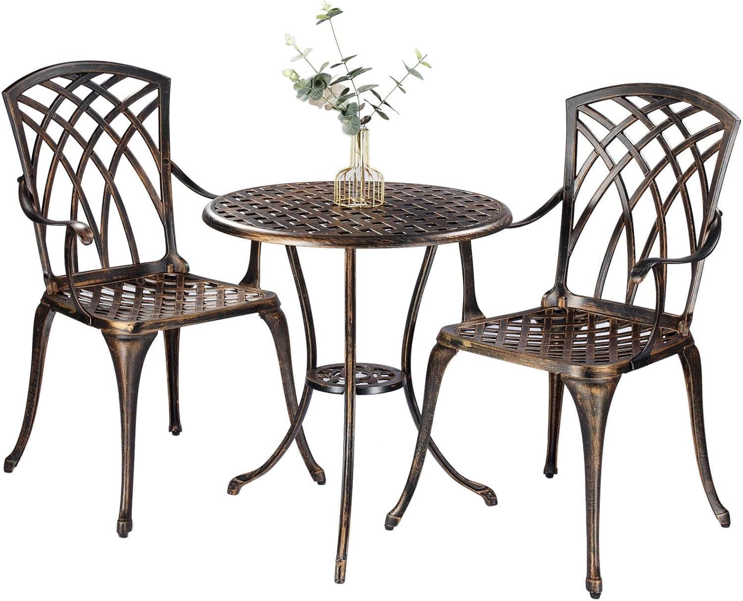 Outdoor Furniture Table - 錆びにくいブロンズ色の鋳造アルミニウム製3ピース屋外ビストロセット、傘穴付き丸テーブル、パティオ、バルコニー、プライベートヤードでのレジャーに最適な頑丈な金属製家具