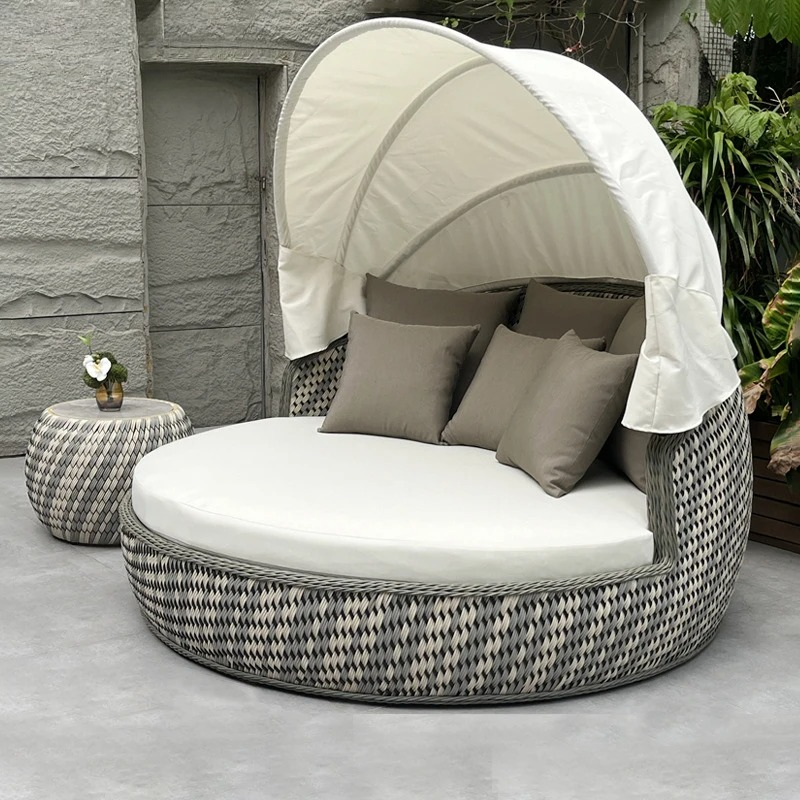 Outdoor Furniture Lounge Set - デイベッド、紫外線防止防錆丸型、籐製ラウンジソファ、キャノピー付きクッション、屋外サンベッド、カスタムホテルプールパティオ家具