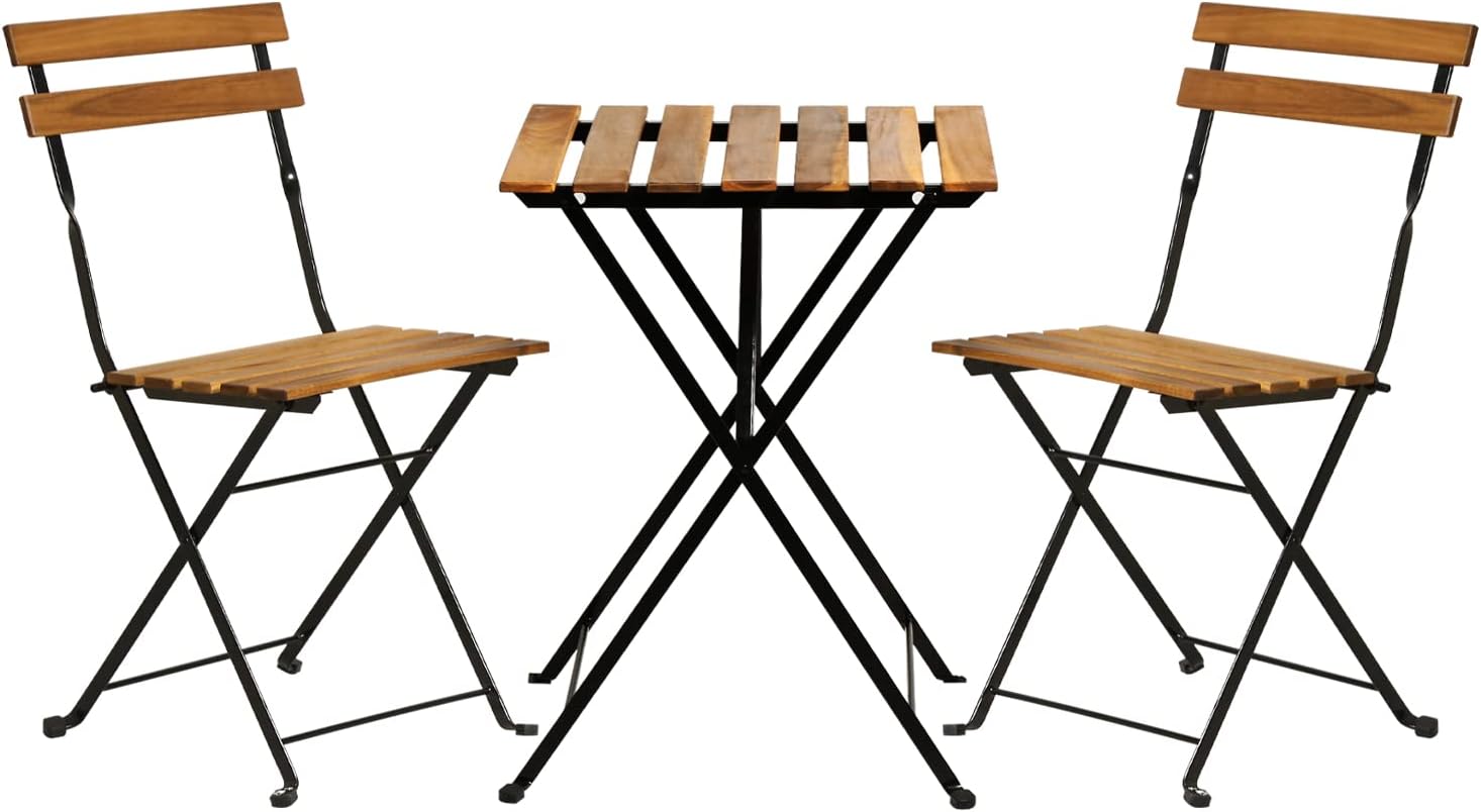Outdoor Furniture Table - 天然木製3ピース折りたたみ式パティオビストロセット（テーブル1台と折りたたみ式椅子2脚）、アパート、芝生、バルコニー、裏庭での日常の休息に最適な省スペース小型屋外家具
