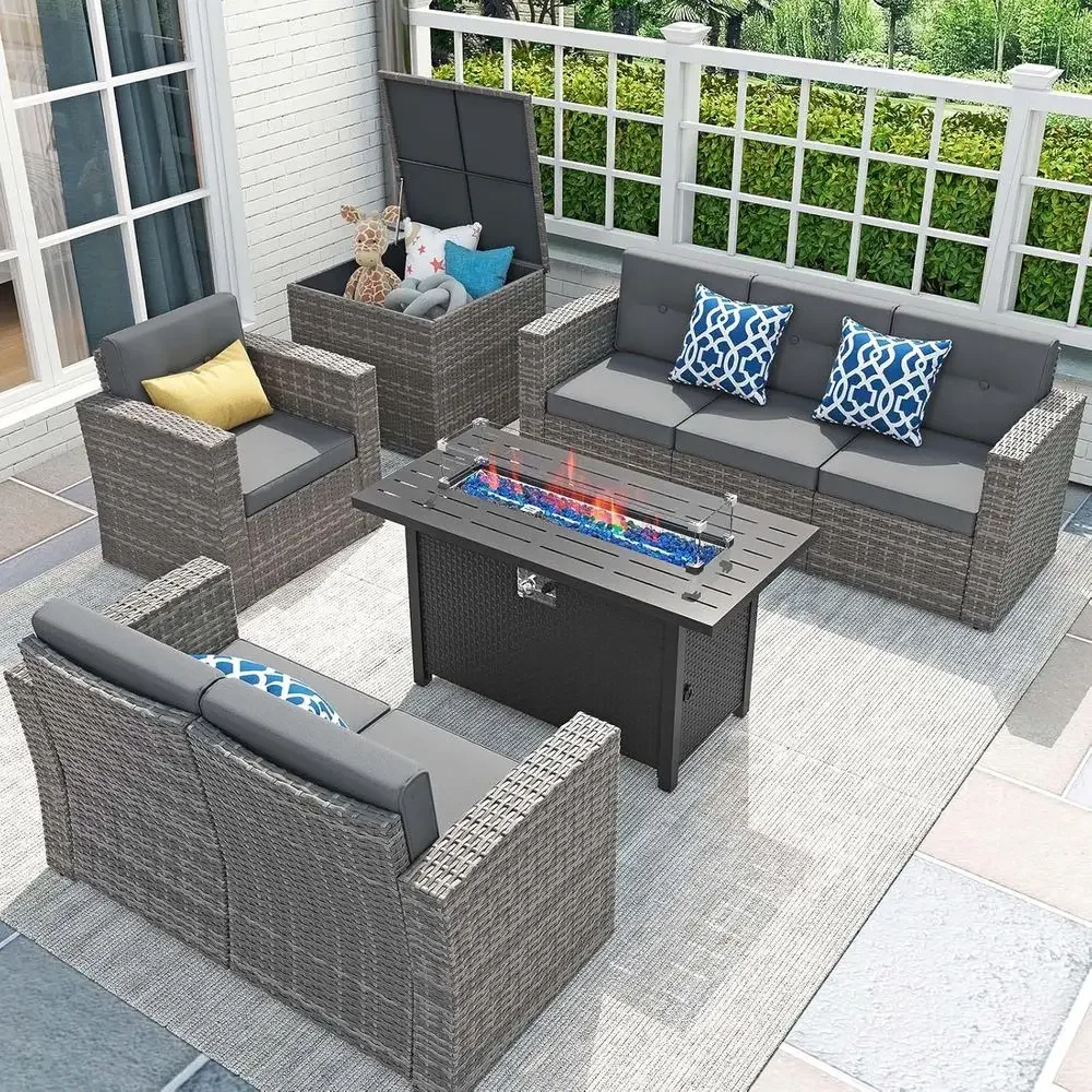 Outdoor Furniture With Fire Pit Table - 8点セットのパティオ家具、45インチのファイヤーピットテーブル、50,000 BTUガスファイヤーピット付き屋外用座席、ラタン製セクショナルソファセット