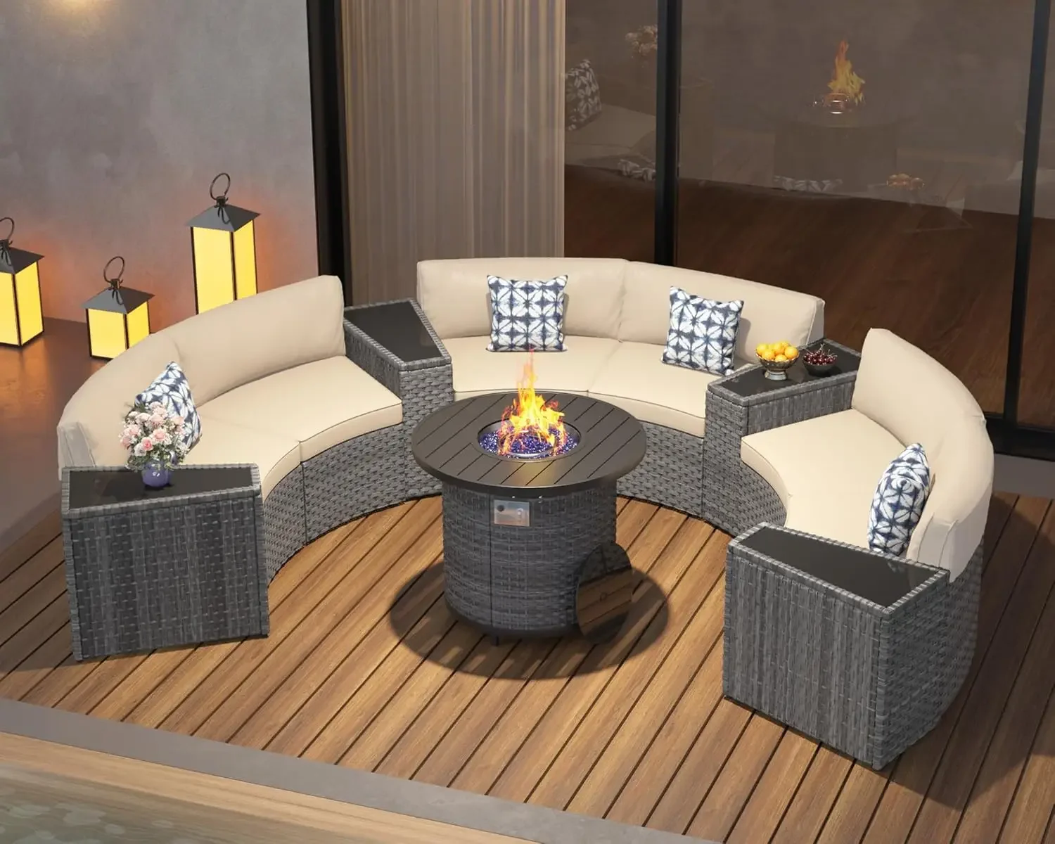Outdoor Furniture With Fire Pit Table - パティオ家具セット、32インチファイヤーピットテーブル、11ピースハーフムーンカーブアウトドアセクショナルソファ＆サイドテーブル防水カバー付き