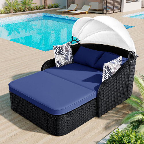 Outdoor Daybed Furniture - 79.9インチの屋外用サンベッド、調節可能なキャノピー付き - PEラタンデイベッド、ブラックウィッカー＆ブルークッション - ダブルラウンジパティオ家具