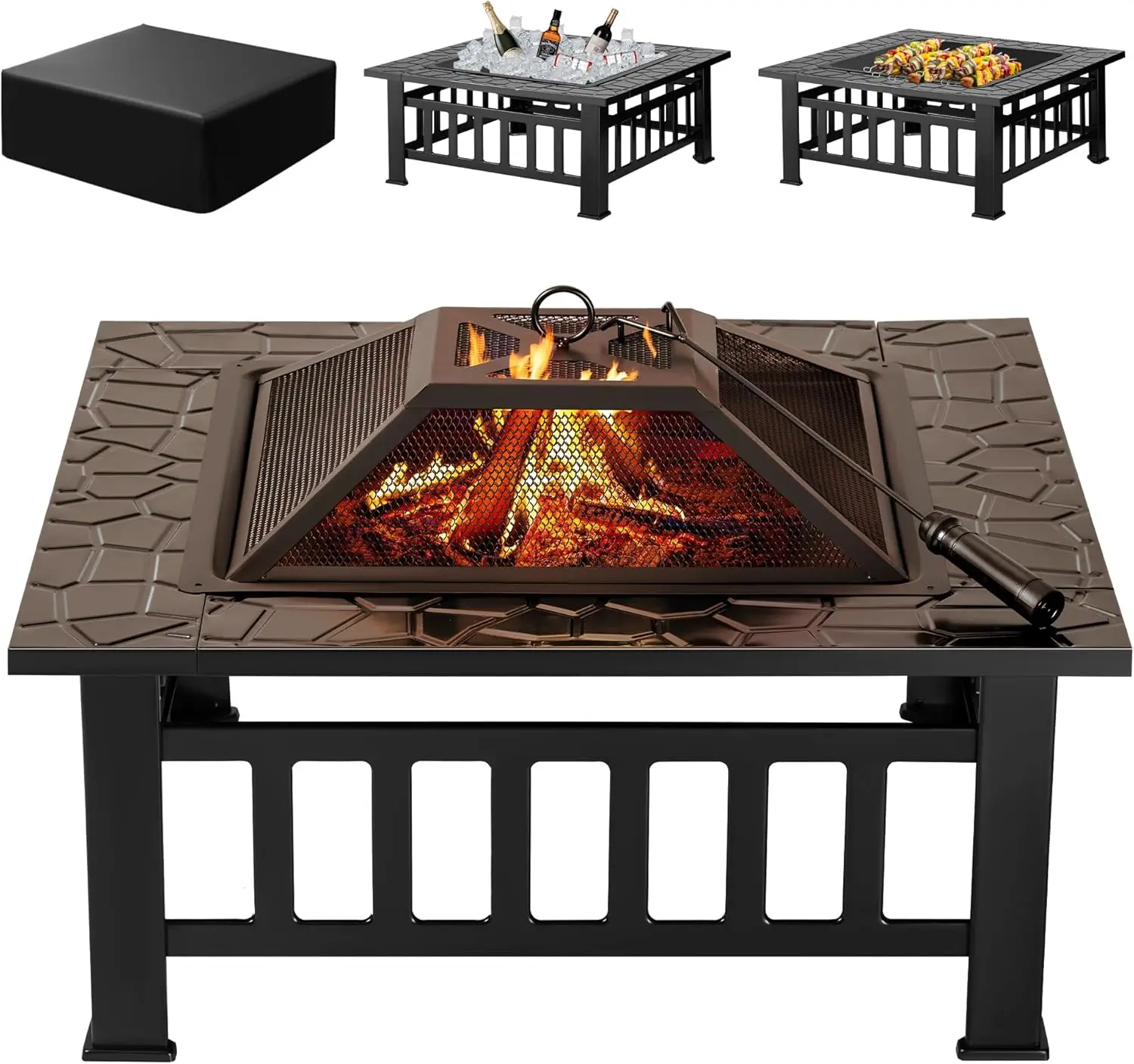 Outdoor Furniture With Fire Pit Table - 屋外ファイヤーピット、32インチファイヤーピットテーブル、防水カバー付き金属製屋外暖炉、屋外パティオキャンプ用（ブラック）