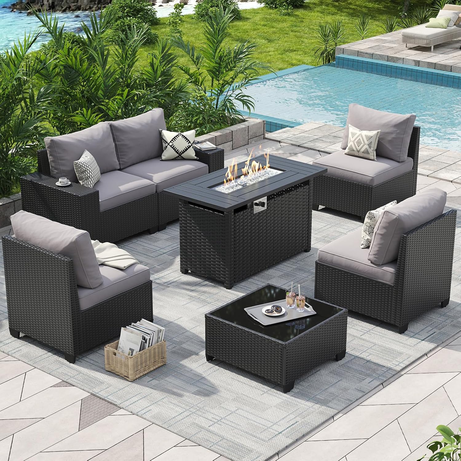 Outdoor Furniture With Fire Pit Table - 屋外パティオ家具セット、44インチファイヤーピットテーブル付き、7ピース屋外セクショナルセット、4インチ厚クッション付き、幅広、カスタマイズ可能