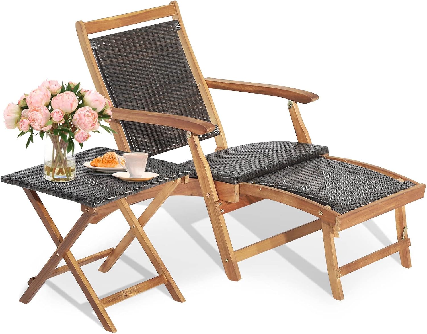 Outdoor Furniture Lounge Set - 折りたたみ式屋外パティオラウンジチェアとサイドテーブルセット、アカシア材ウィッカーリクライニングアームレストチェア、格納式オットマン付きシェーズラウンジャー家具、庭、裏庭、プールサイド、バルコニー用、ナチュラルブラウン