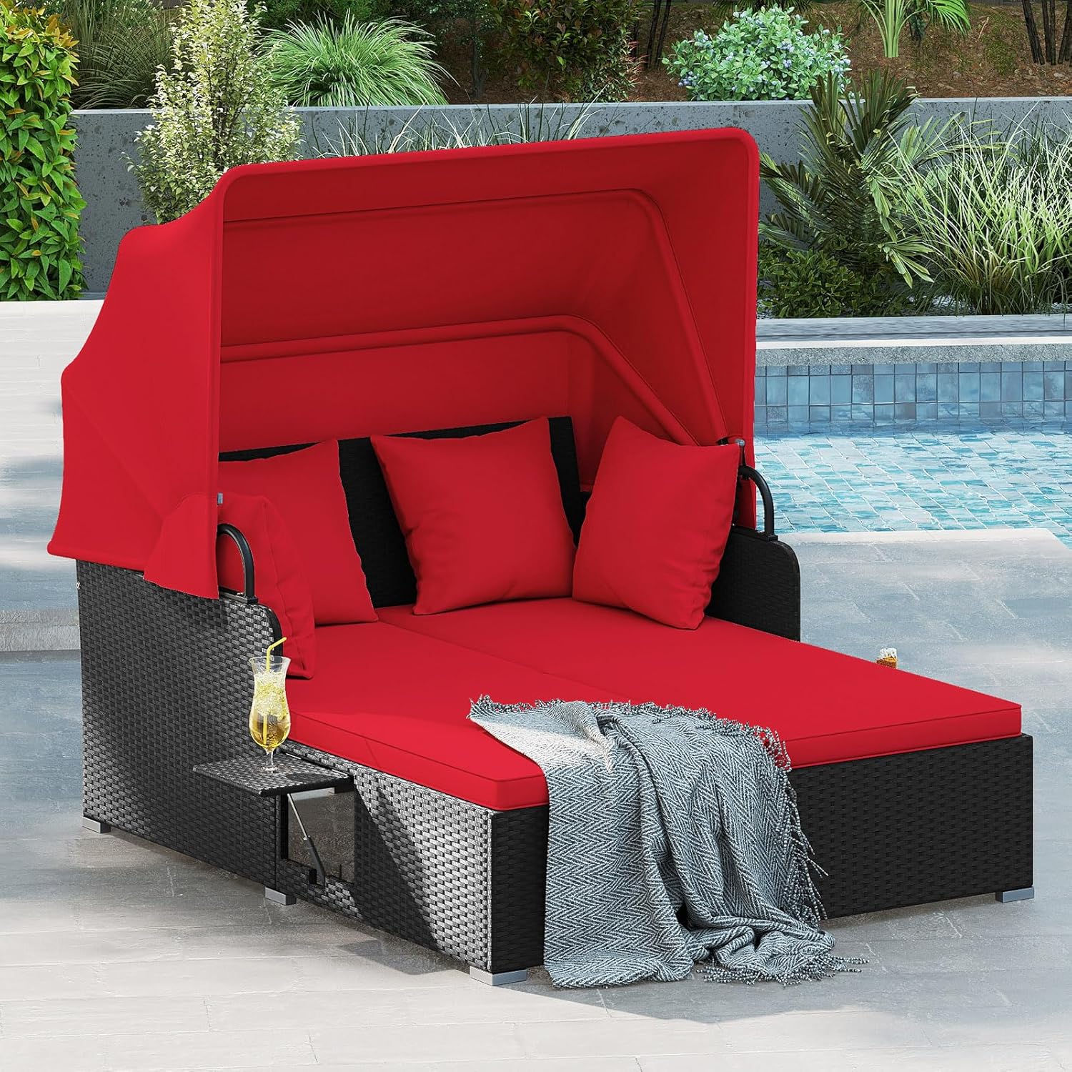 Outdoor Daybed Furniture - 2人用ラタン製屋外デイベッド、キャノピー、クッション、枕4個、折りたたみ式サイドトレイ2個付き、パティオ、庭、プールサイド、バルコニー用、カスタマイズ可能