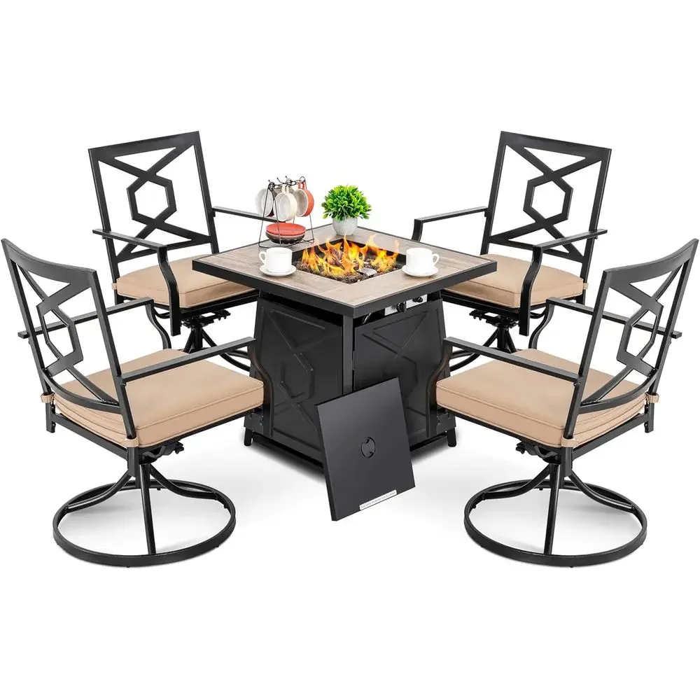 Outdoor Furniture With Fire Pit Table - 5点セットの屋外パティオ家具セット、ファイヤーピットテーブル、28プロパンガスファイヤーピット、カバー、クッション付き回転式ダイニングチェア4脚、B