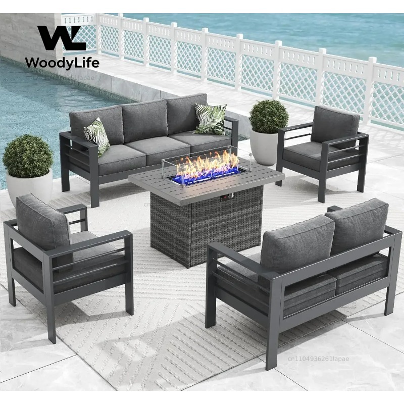 L5ピース モダンアルミ製パティオ家具セット、ファイヤーピッ - Outdoor Furniture With Fire Pit Table のレビューと価格