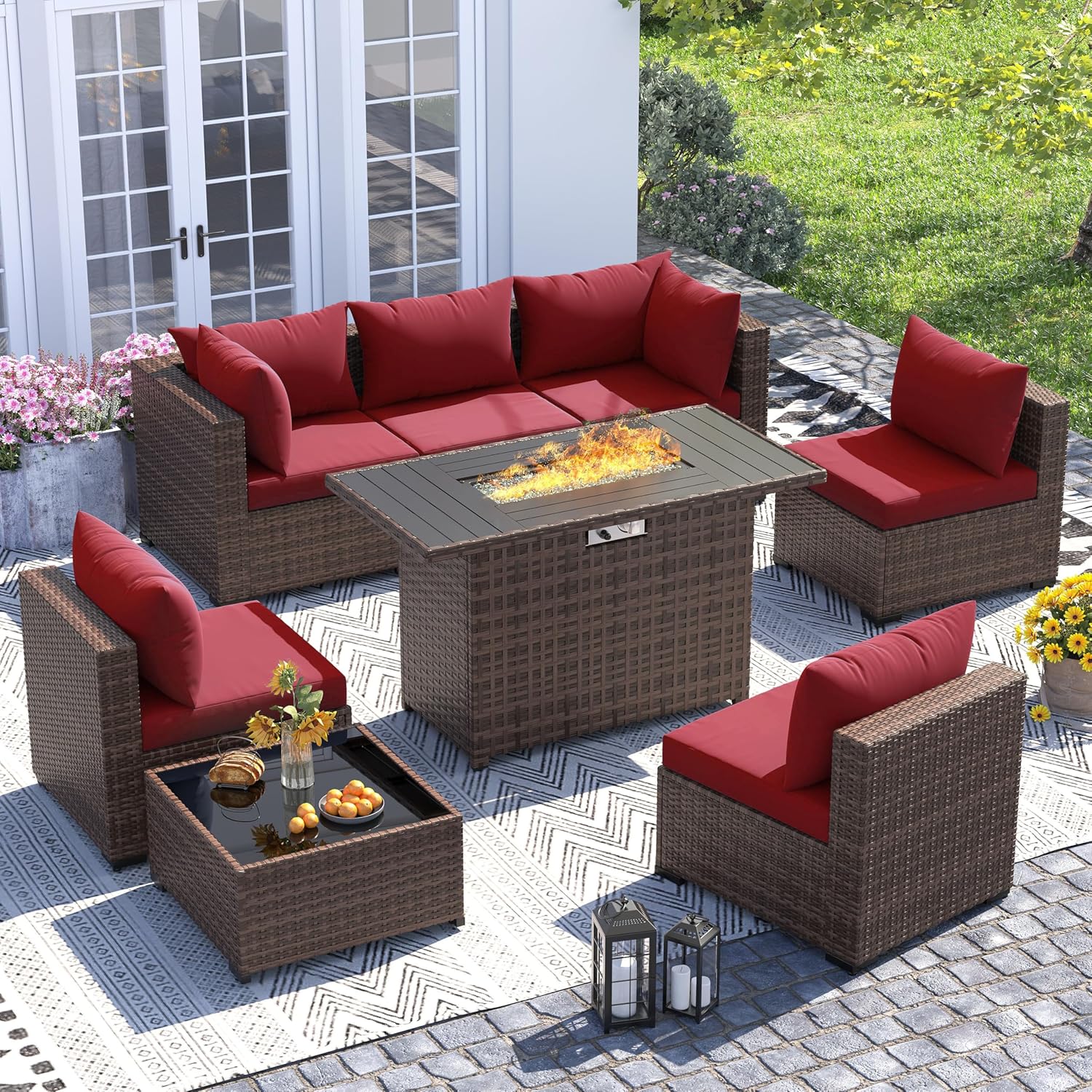 8ピース全天候型ウィッカーセクショナルソファ＆ファイヤーピッ - Outdoor Furniture With Fire Pit Table のレビューと価格