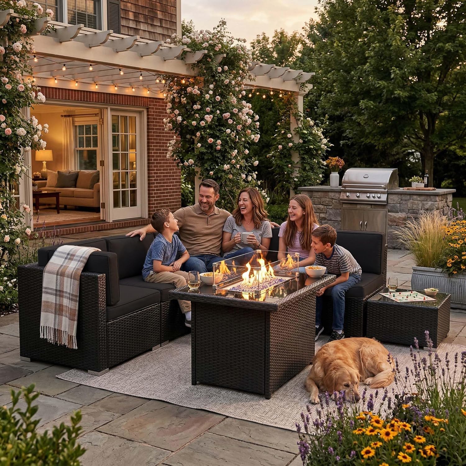 8点セットのパティオ家具、44インチのプロパンガス焚き火台付 - Outdoor Furniture With Fire Pit Table のレビューと価格