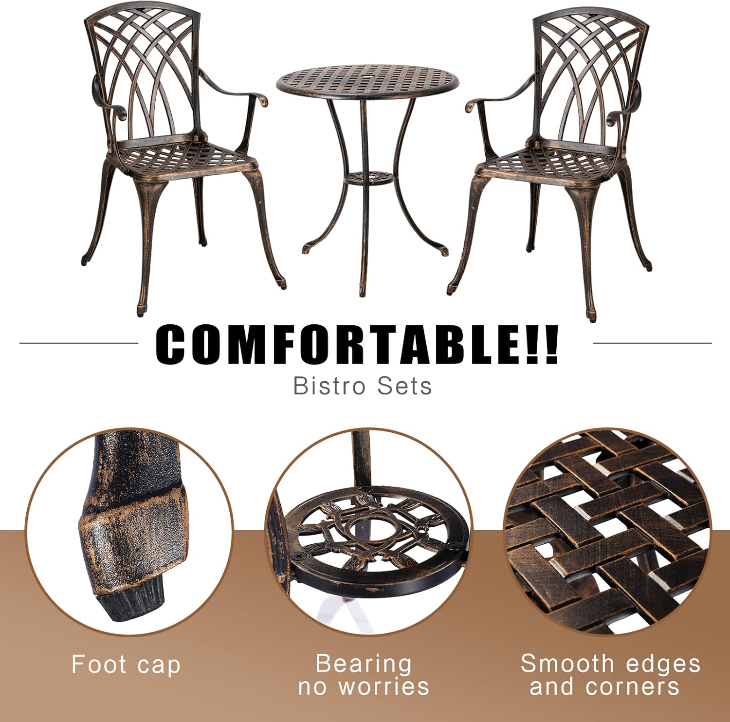 錆びにくいブロンズ色の鋳造アルミニウム製3ピース屋外ビストロ - Outdoor Furniture Table のレビューと価格