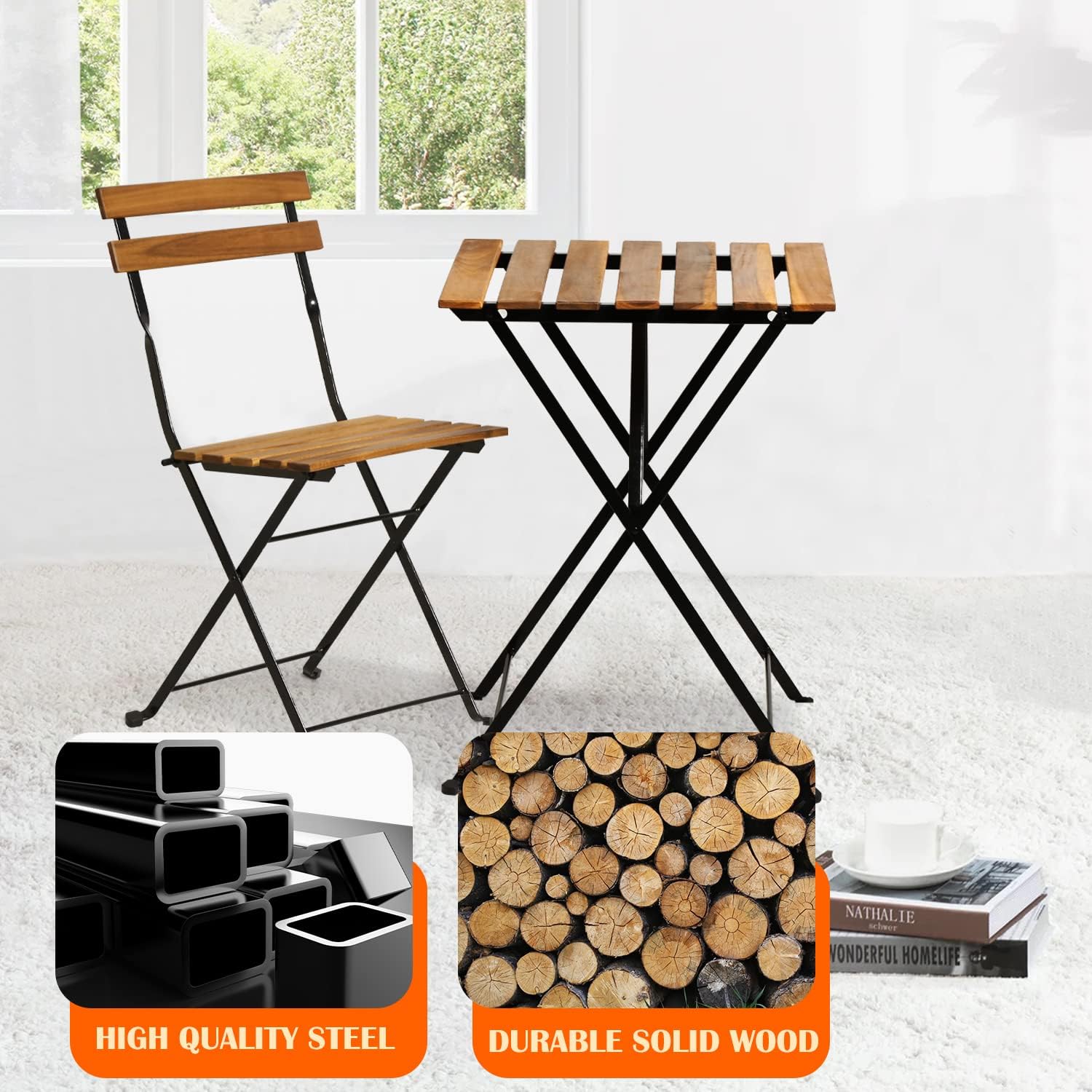天然木製3ピース折りたたみ式パティオビストロセット（テーブル - Outdoor Furniture Table のレビューと価格