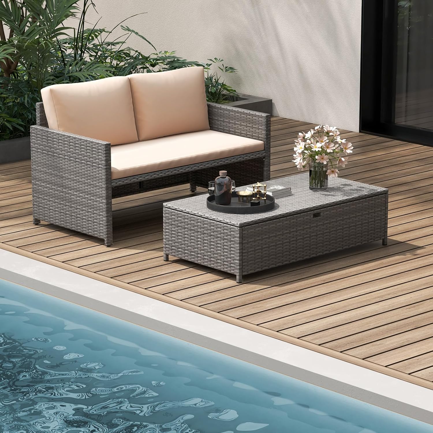 籐製パティオデイベッド ラブシート オットマン クッション  - Outdoor Daybed Furniture のレビューと価格