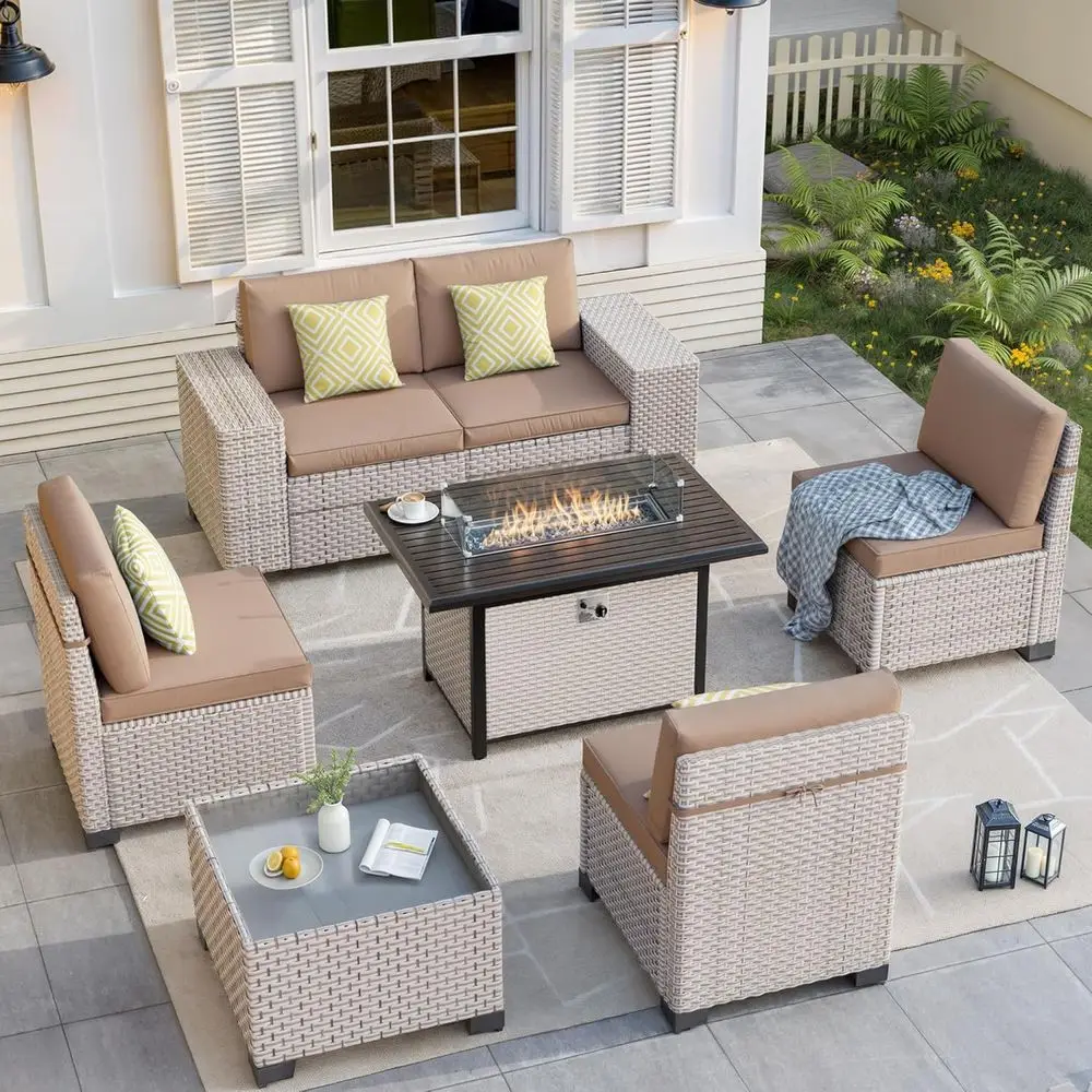 7点セットの屋外パティオ家具セット（ファイヤーピット、セクシ - Outdoor Furniture With Fire Pit Table のレビューと価格