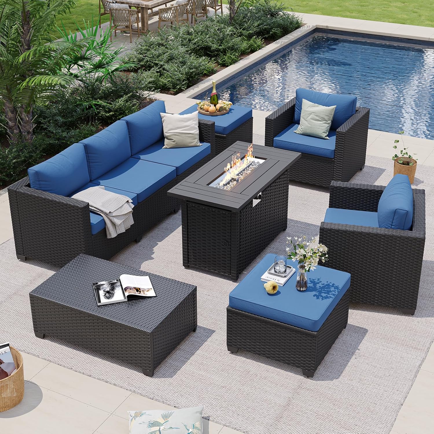 ネイビーブルーの屋外用セクショナルソファ（ファイヤーピットテ - Outdoor Furniture With Fire Pit Table のレビューと価格