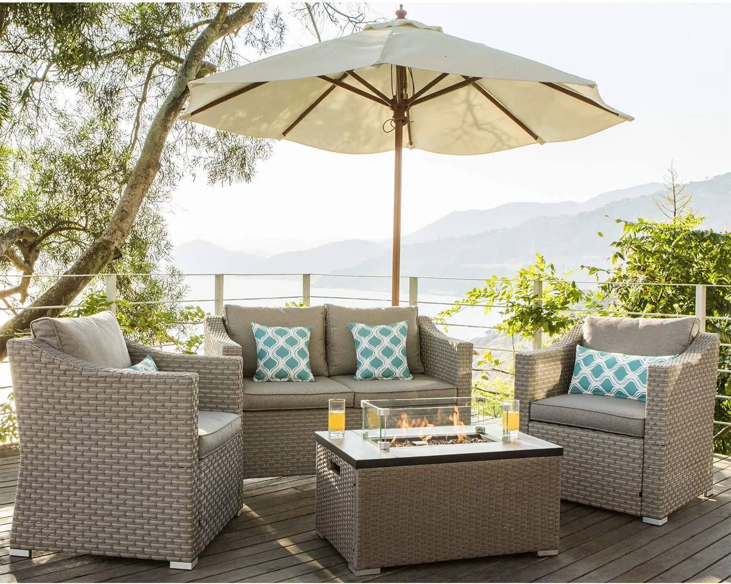屋外用家具5点セット ウィッカー製セクショナルソファ ガス焚 - Outdoor Furniture With Fire Pit Table のレビューと価格