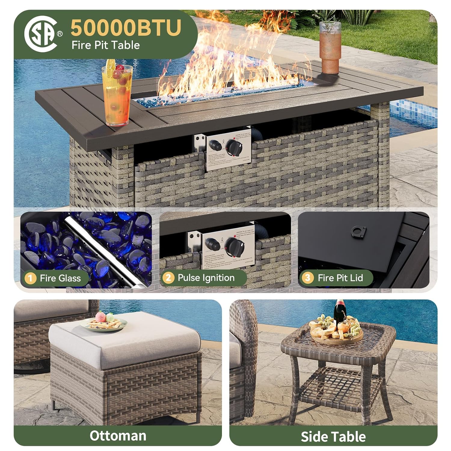 7点セットの籐製パティオセット、44インチのファイヤーピット - Outdoor Furniture With Fire Pit Table のレビューと価格