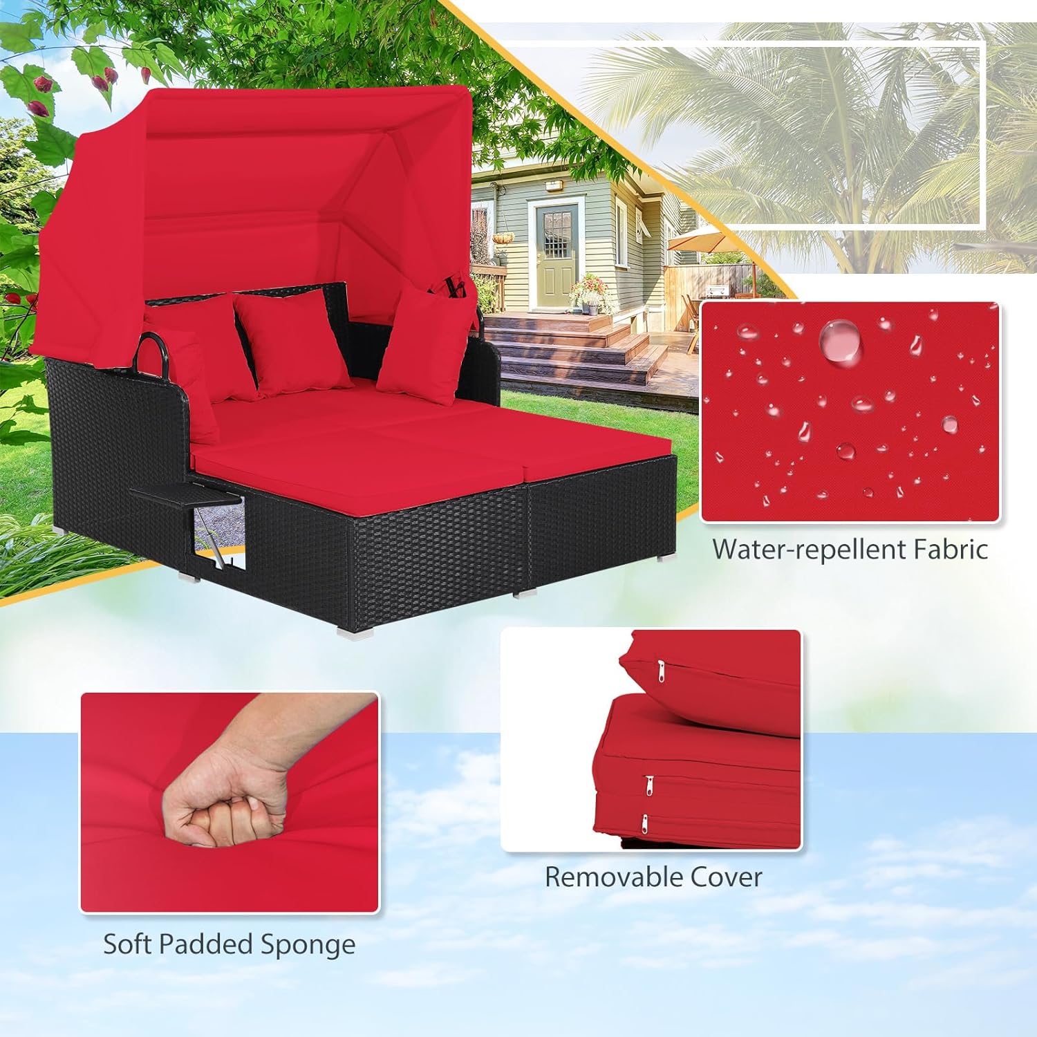 2人用ラタン製屋外デイベッド、キャノピー、クッション、枕4個 - Outdoor Daybed Furniture のレビューと価格