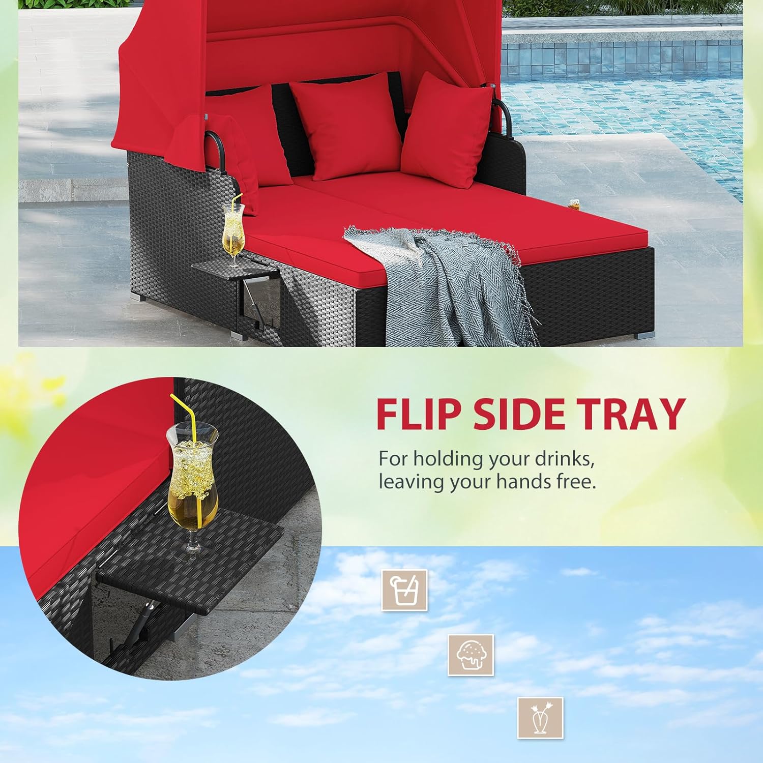 2人用ラタン製屋外デイベッド、キャノピー、クッション、枕4個 - Outdoor Daybed Furniture のレビューと価格