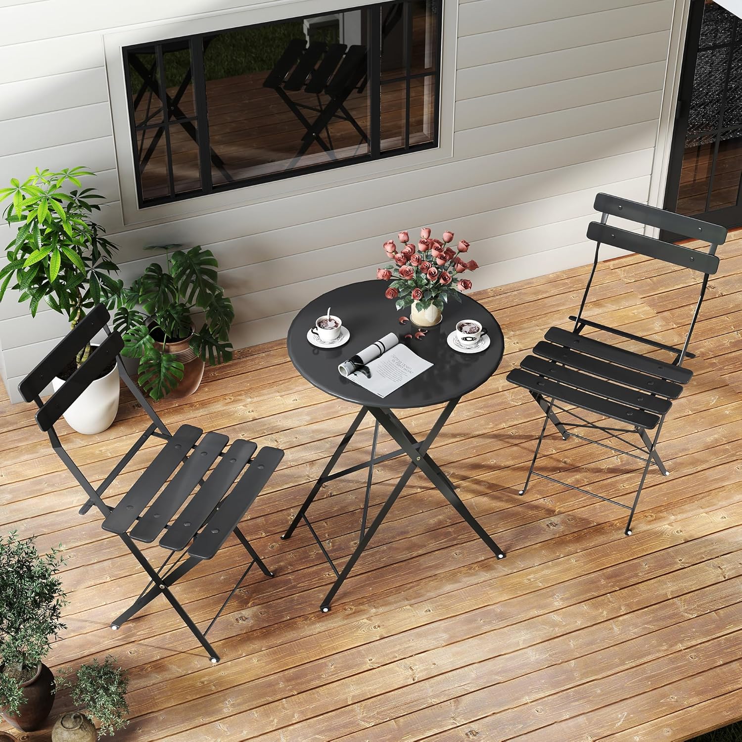 省スペースの黒色の3ピース折りたたみ式屋外ビストロセット。折 - Outdoor Furniture Table のレビューと価格
